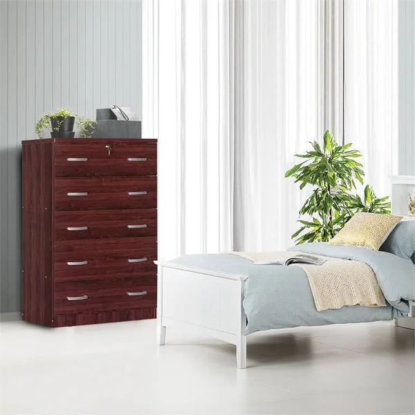 Better Home Products Cindy 5 Drawer Chest Wooden Dresser with Lock in Mahogany