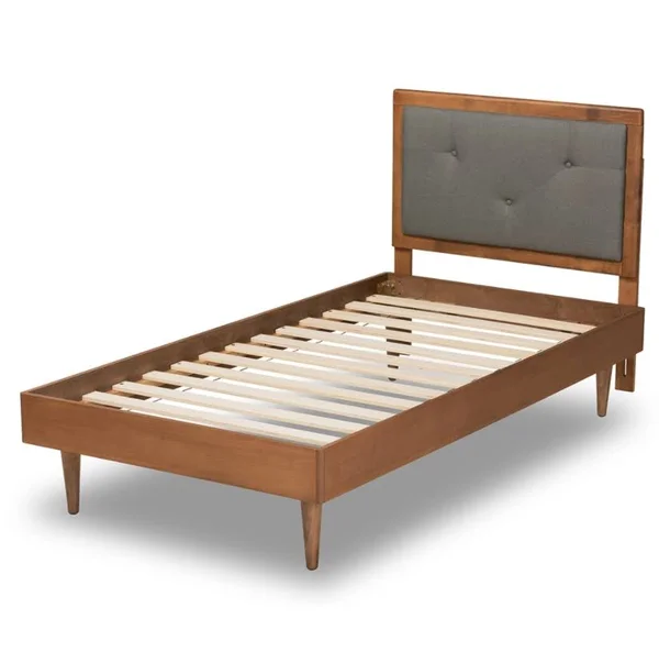 Baxton Studio Saul Mid-Century Modern Fabric Upholstered and Finished Wood Platform Bed Dark Grey & Walnut Brown, Twin