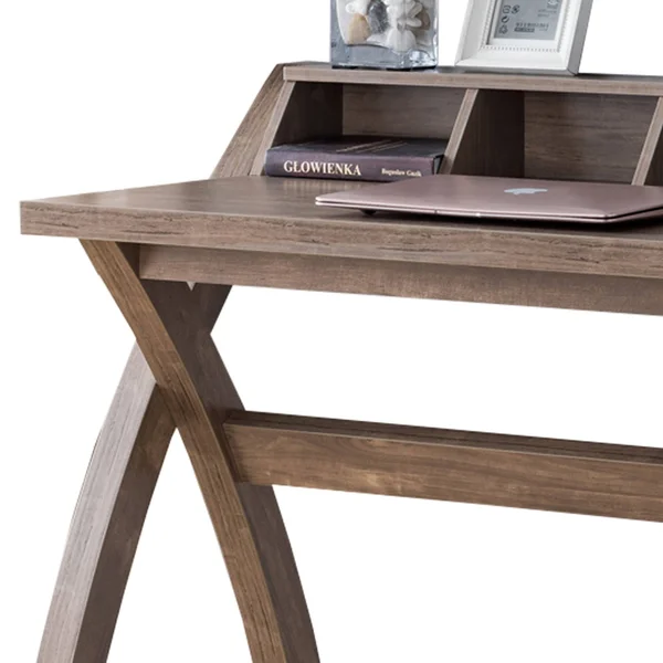 Multifunctional Wooden Desk with Electric Outlet and Trestle Base Brown