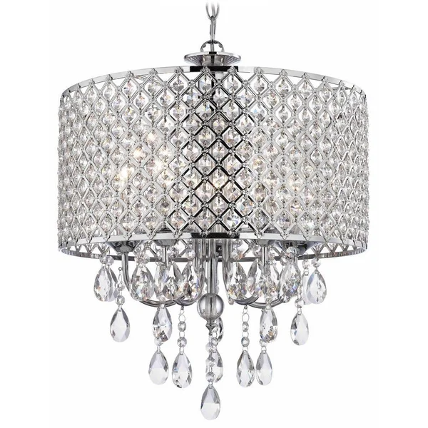 Crystal Chrome Chandelier Pendant Light with Crystal Beaded Drum Shade