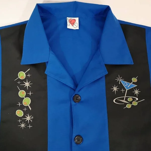 Mens Bowling Shirt - Cocktail, Martini, Lounge Lizard, Retro, Rockabilly, Embroidered