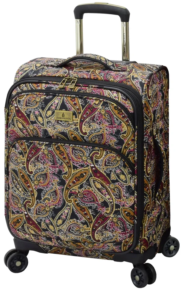 London Fog Cranford 20x22 Expandable Carry-On Spinner Black Gold Plum Paisley