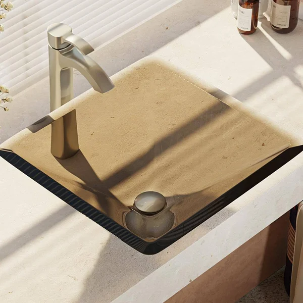 Rene R5-5003-CAS-R9-7006 16-1/2x22 Glass Vessel Bathroom Sink with Vessel Faucet Cashmere - Brushed