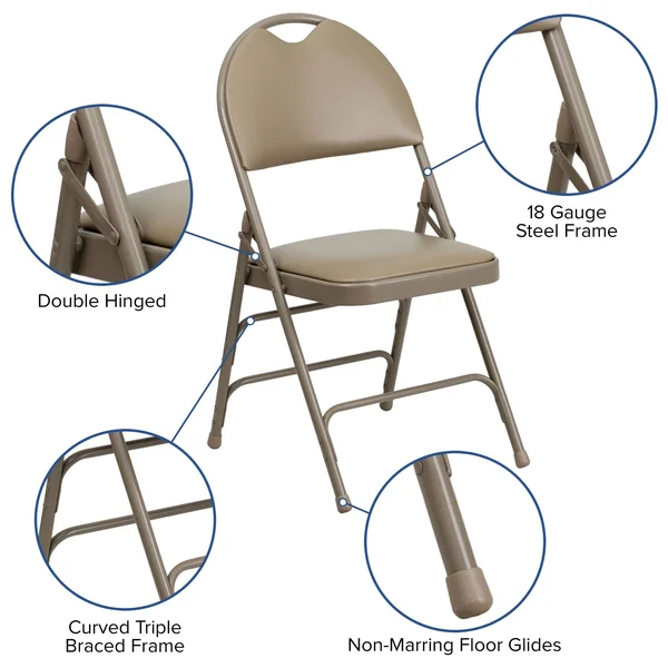 Flash Furniture 4 Pack Hercules Series Ultra-Premium Triple Braced Beige Vinyl Metal Folding Chair with Easy-Carry Handle