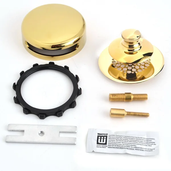 Watco Universal Nufit Push Pull Bathtub Stopper with Grid Strainer, Innovator Overflow Silicone, 2-Pin Kit, Polished Brass