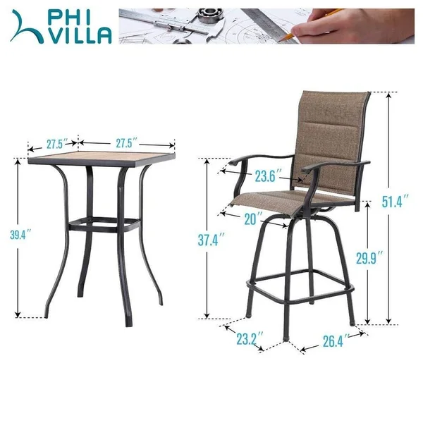 Phi Villa 5-Piece All-Weather Swivel Outdoor Dining (Padded) Sets with Bar Table - Brown