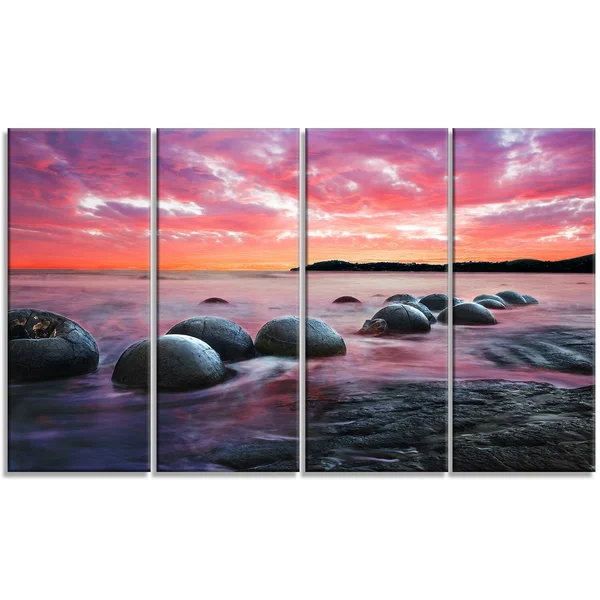 Design Art PT9480-32-16 Moeraki Boulders at Sunset Seashore Photo Canvas Art Print - Red, 32x16x22