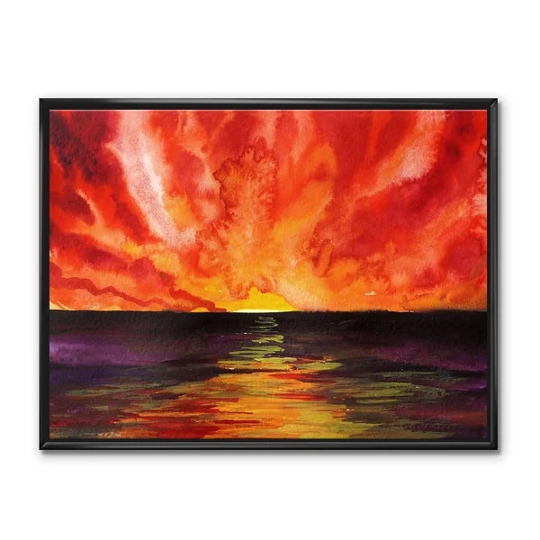 Designart 'Bright Red Sunset Over Ocean' Modern Framed Canvas Wall Art Print - 20 in. Wide x 12 in. High - White
