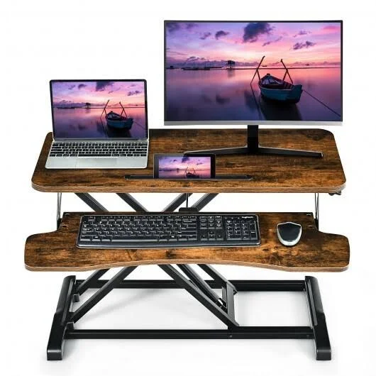 Costway Converter Adjustable Riser Stand Desk with Keyboard Tray-Brown