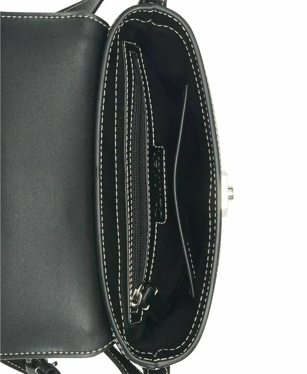 Calvin Klein Statement Series Leather Lock Crossbody Bucket Bag Black Silver