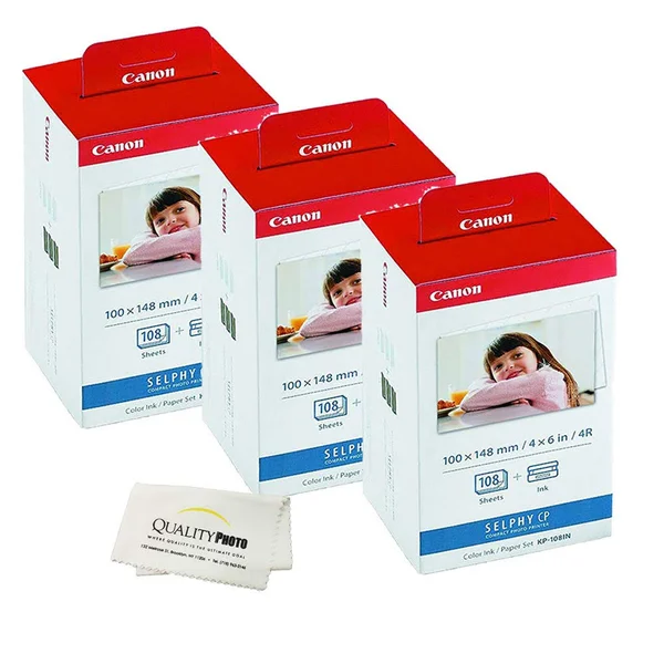 Canon KP-108IN -3 Pack- 3 Color Ink Cassette - 324 Sheets 4 x 6 Paper Glossy for Selphy CP1300, CP1200, CP910, CP900, Cp760, cp77