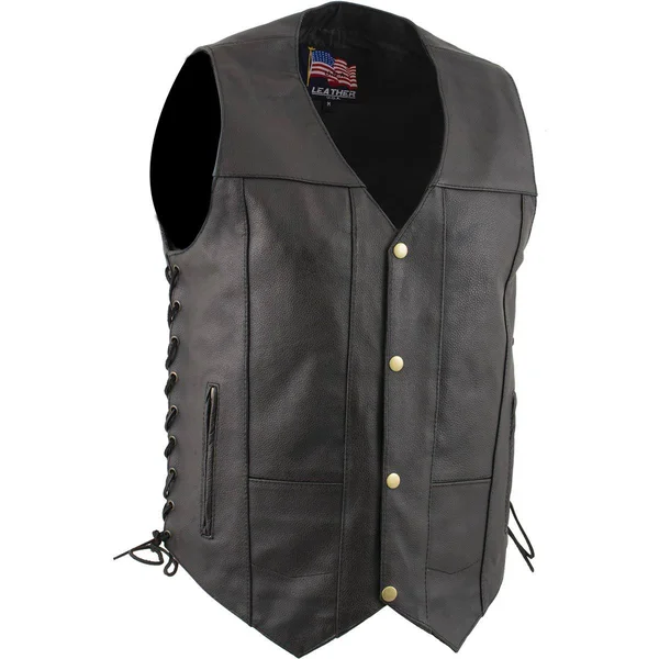 USA Leather 1204 &Dime& Classic Leather Men's Ten Pocket Vest with Side Laces, Size: Xxxl, Black