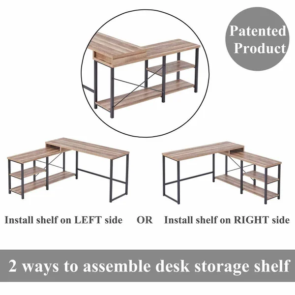 Bon Augure L Shaped Desk with Shelves, Reversible Corner Computer Desk, Rustic W