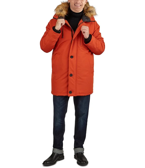 Guess Faux-Fur-Trimmed Hooded Heavyweight Parka, Mens, M, Red