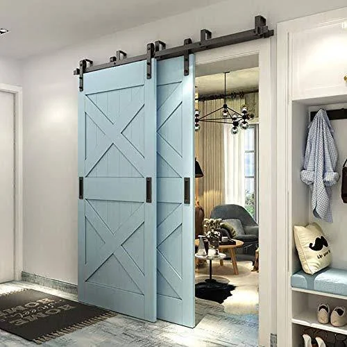 Winsoon 4FT-16FT Metal Sliding Bypass Barn Wood Door Hardware Kit System Bending GCM2782