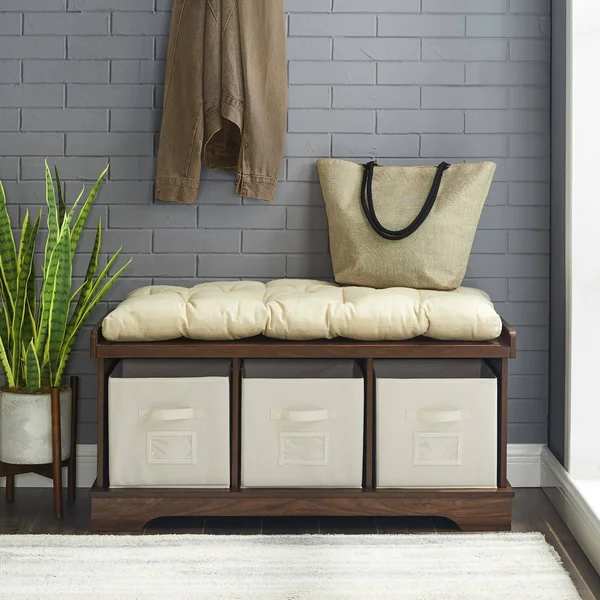We Furniture 42-Inch Driftwood Storage Bench with Totes and Cushion