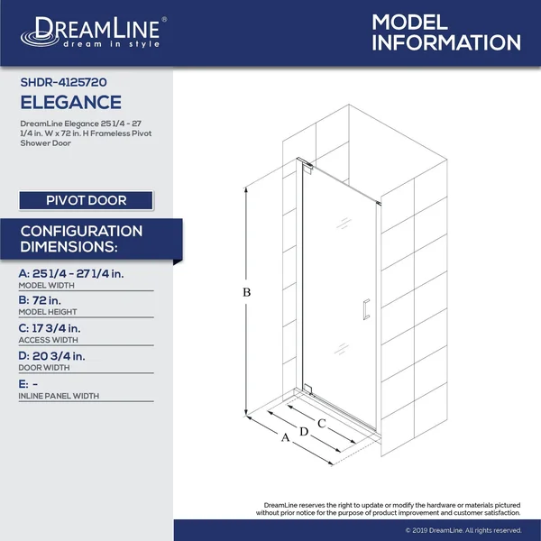DreamLine SHDR-4125720-01 Elegance 25 1/4 - 27 1/4x22 Frameless Pivot Shower Door Chrome Finish