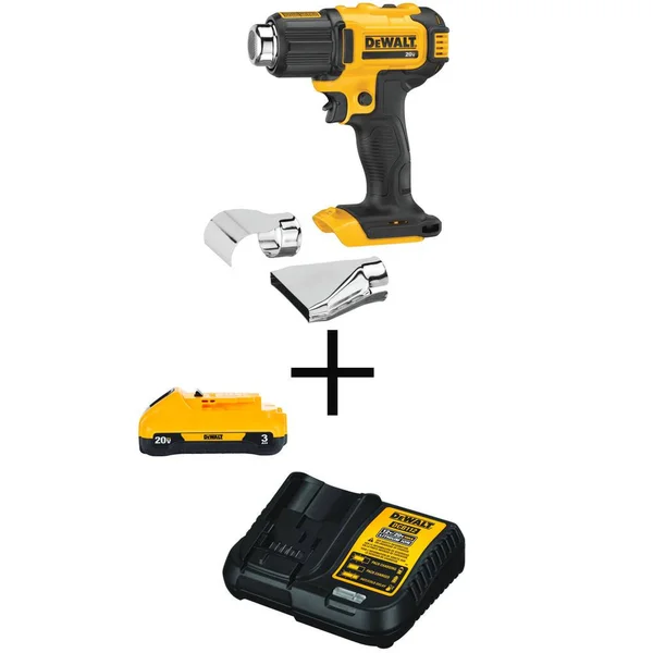 DeWalt 20-Volt Max Cordless Compact Heat Gun - Flat & Hook Nozzle Attachments, (1) 20-Volt 3.0Ah Battery & Charger