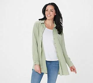 Side Stitch Regular Button Front Tunic withPocket - Size Medium, Rockweed Jade