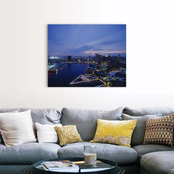 High Angle View of A City Lit Up at Dusk, Baltimore, Maryland, Canvas Wall Art, 45x36, Great Big Canvas