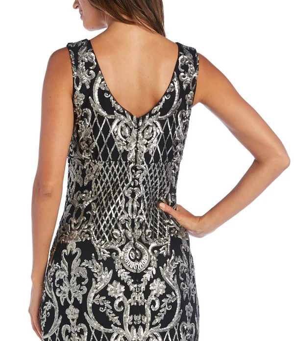 R M Richards Petite Size V-Neck Embroidered Sequin Sleeveless Gown - Womens, 14P, Black/Gold