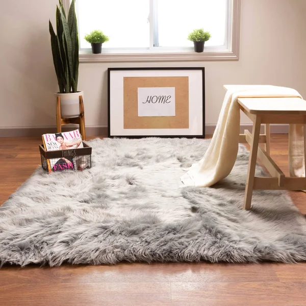 Super Area Rugs Soft Faux Sheepskin Fur Fluffy Area Rug, Gray, 8& x 10&