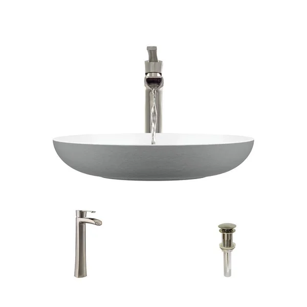 Rene R11-5001-PLT-R9-7007 Stone Composite Oval Vessel Sink with Faucet - Platinum - Brushed Nickel