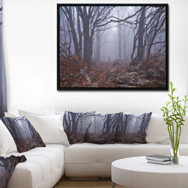 Designart 'Dark Foggy Forest in Autumn' Landscape Photography Framed Canvas Print - 20 in. Wide x 12 in. High - Black
