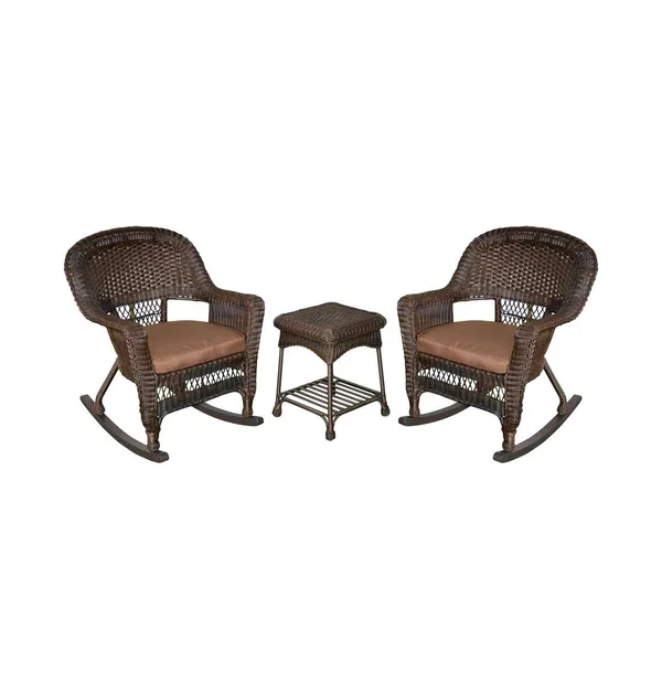 Jeco 3 Piece Rocker Wicker Chair Set with Brown CUSHION, Espresso