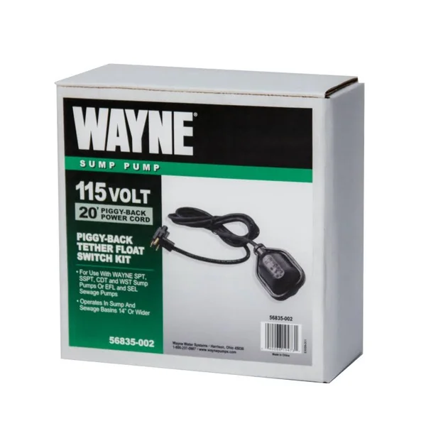 Tethered Switch for Sump Pumps to .5-hp Motor, 20& Cord, Wayne, 56835--002