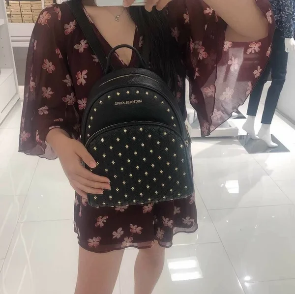 Michael Kors Abbey Medium Studded Backpack Pebbled Leather (Black)