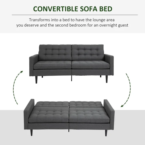 HOMCOM Linen Fabric Convertible Sofa Bed with Button Tufted Back Design - Adjustable Angles and Wood Legs, Grey