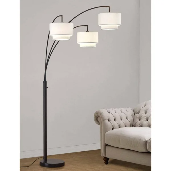 HOMEGLAM Broadway 3-Light 4-Way Switch Arch Floor Lamp Brushed Nickel/White Shades Nickel Brushed - Silver
