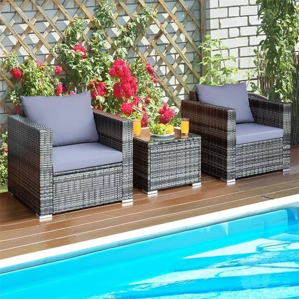 3 Pcs Patio Rattan Furniture Bistro Sofa Set with Cushioned-White - Costway