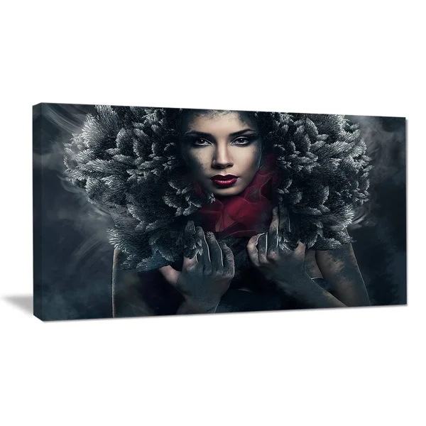 Design Art Passionate Woman in Feather Hood - Art Portrait Canvas Print - 60 x 28 5 Equal Panel