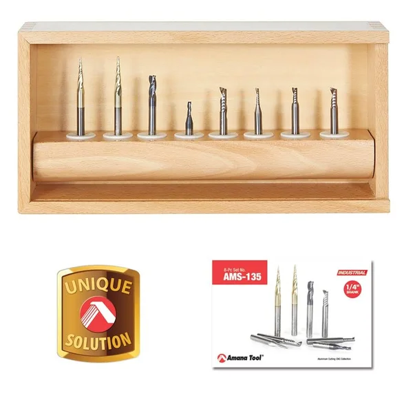 Amana AMS-135 8-Pc Specialty Aluminum, Plastics \& Stainless Steel Cutting CNC Router Bit Collection, 1/4 inch Shank