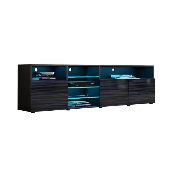 Roma 79 inch Wide Glossy TV Stand with 16 Color LEDs Black wavyblack
