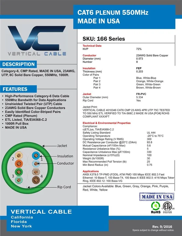 Vertical Cable Cat6 - 550 MHz, UTP, 23AWG, 8C Solid Bare Copper, Plenum, 1000ft, Yellow, Bulk Ethernet Cable - Made in USA