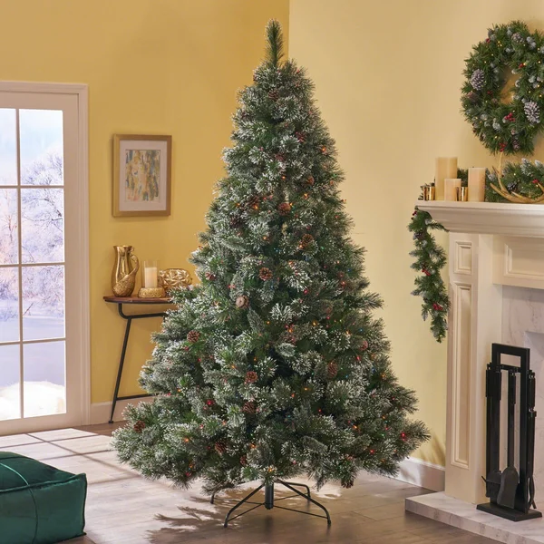 7' Pre-Lit Full Mixed Spruce Artificial Christmas Tree with Snowy Branches - Multicolor Lights