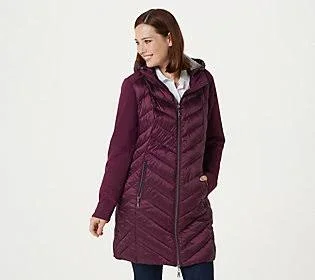 Nuage Chevron Quilted Puffer Coat w/ Removable Hood - Size X-Small, Dark Purple