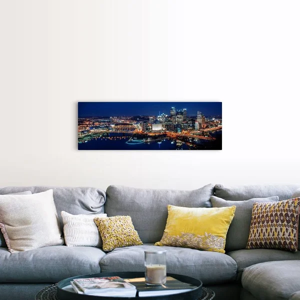 Panoramic Pittsburgh City Skyline at Night, Canvas Wall Art, 48x16, Great Big Canvas