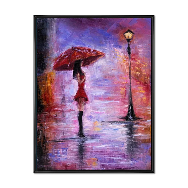 Designart &The Woman with The Umbrella Walking in The Rain I& French Country Framed Canvas Wall Art Print - 30 in. Wide x 40 in.