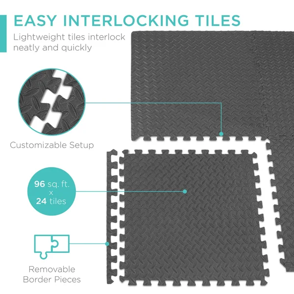 Best Choice Products 96 Sq. ft. Puzzle Exercise Mat - 24-Piece 2x2ft Eva Foam Interlocking Tiles, 3/8in Thick - Gray