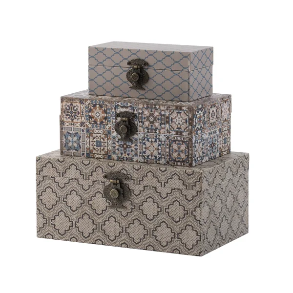 Brown Decorative Boxes - Blue, Brown, Multi-Color - Set of Three