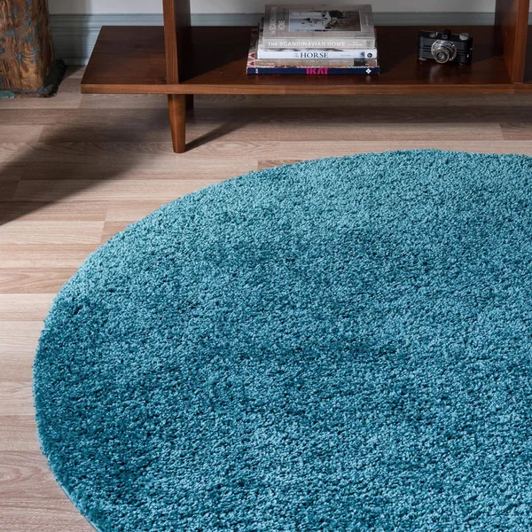 Soft Solid Shag 3 ft Round Turquoise Blue Abstract Area Rug