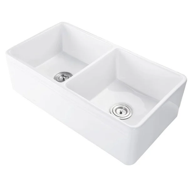 Ember Hearth 33 in. Farmhouse Kitchen Sink White Polish Ceramic Undermount Double Bowl, Size: 33.5 inch x 17.5 X10 inch