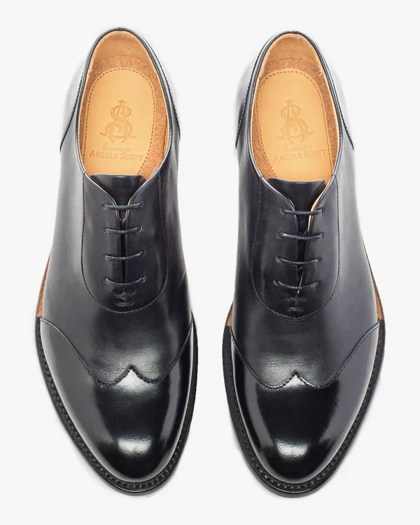 The Office of Angela Scott Women's Mr. Evans Wingtip Oxford in Black on Black Size 38.5, Leather