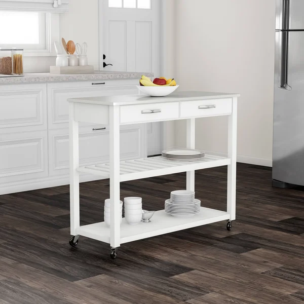 Porch & den Keap White Wood/ Stainless Steel Kitchen Cart Island - N/A
