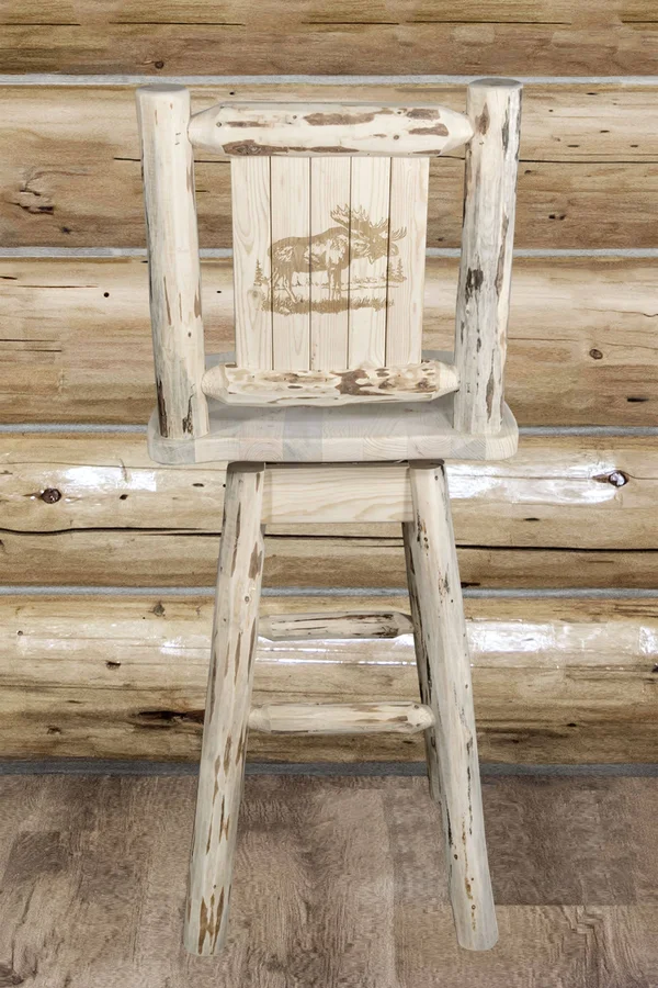 Montana Collection Barstool w/ Back & Swivel w/ Laser Engraved Moose Design, Clear Lacquer Finish