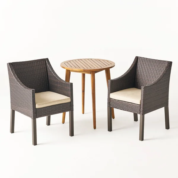Jean Outdoor 3 Piece Wood and Wicker Bistro Set - Gray + Gray